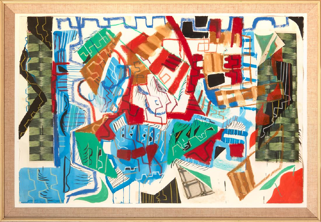 Julian Dashper: Double parking Les Mills 5.30 acrylic, pastel and collage on paper title inscribed, signed and dated 1987 verso 800 x 1200mm