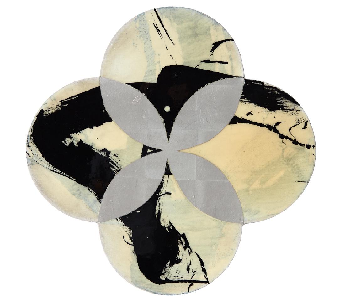 Max Gimblett: Her Flower Before Him title inscribed verso: original Gow Langsford Gallery label affixed verso gesso, acrylic and vinyl polymers, epoxy, aqua size and Japanese pastel coloured silver leaf on canvas 2