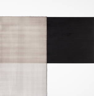 Callum Innes (Scotland, 1962-): Exposed Painting - Intense Black signed with artits initial C.I. and dated '02 verso; artist's original catalogue label affixed verso 2125 x 2075mm Provenance: Purchased from Jensen Gallery, Auckland