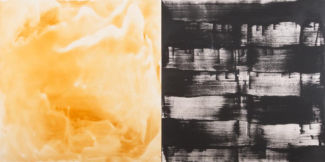 Max Gimblett: Mountains and Text plaster weld, plaster, polyurethane, wood panel and vinyl polymer on canvas, diptych title inscribed, signed and dated 2001 verso 1270 x 2540mm Provenance: Purchased from Gow Langsf