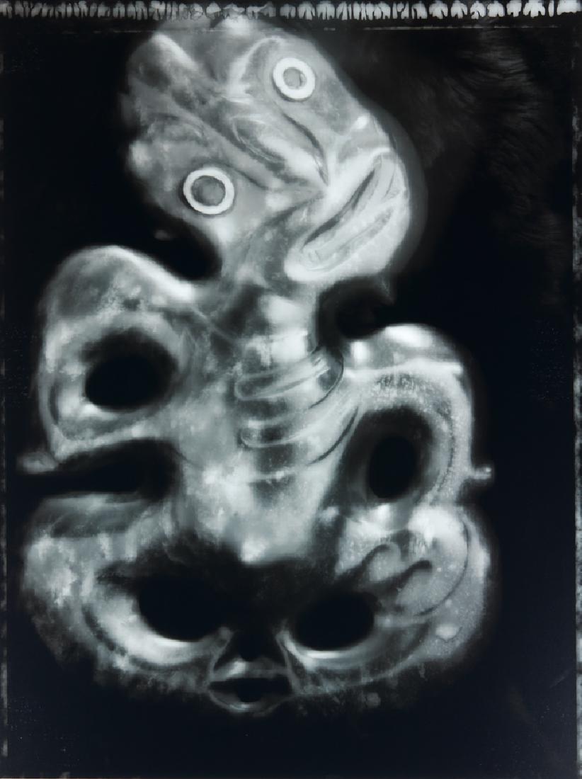 FIONA PARDINGTON: Fine Style Heitiki with Paua Shell Eyes from the Burnet Collection, Whanganui unique type C print, mounted to aluminium, 1/1 details printed on original Two Rooms Gallery label affixed verso 1600 x 12