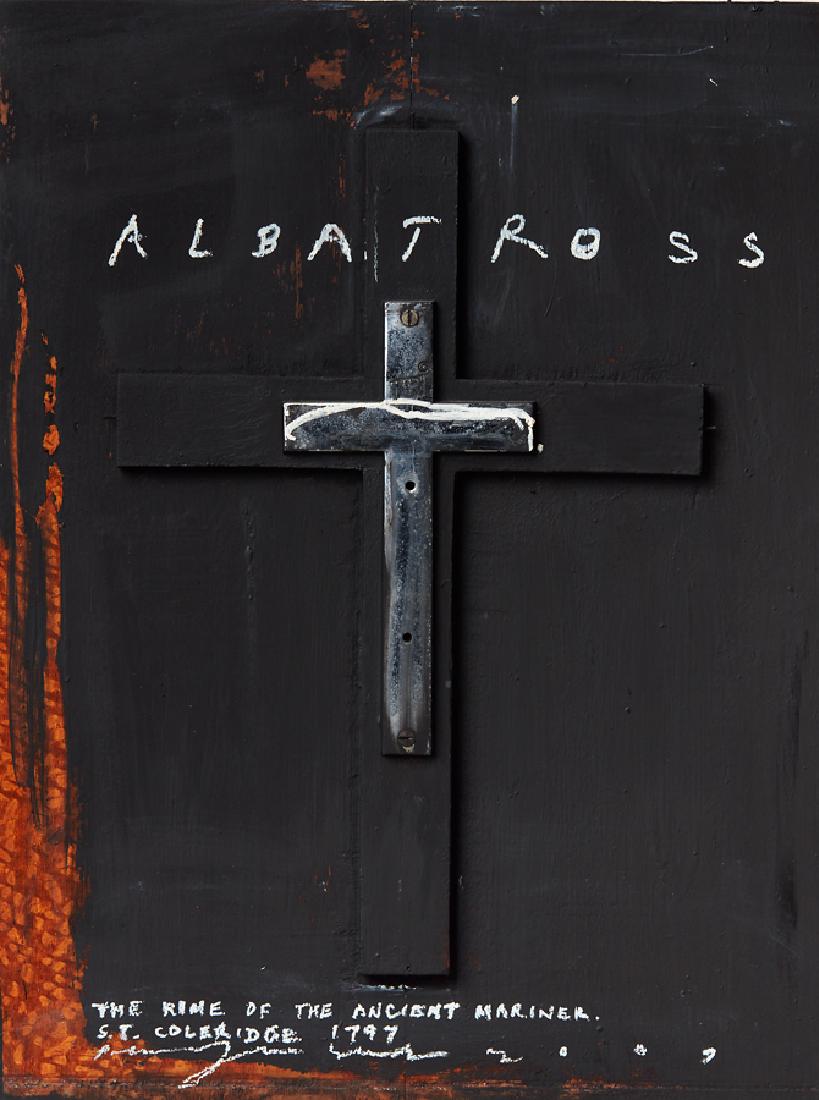 Peter James Smith: Albatross VI oil, enamel & chrome crucifix on oak panel title inscribed, signed and dated 2009 verso 480 x 360mm Exhibited: reENLIGHTENMENT, Gallery 101, Melbourne, 2009 Provenance: Collection of the