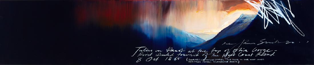 Peter James-Smith: Julius von Haast at the top of Otira Gorge oil on canvas title inscribed, signed and dated 2007 verso 255 x 1220mm Provenance: Collection of the artist