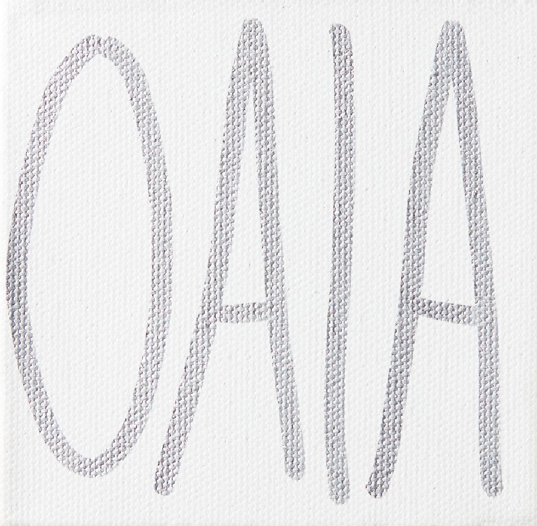 John Reynolds: McLeavey sat here - Oaia paint marker on canvas, edition of 2 inscribed Moby Dick #1, signed and dated 2011 verso 100 x 100mm Provenance: Acquired from Peter McLeavey Gallery, April 2011