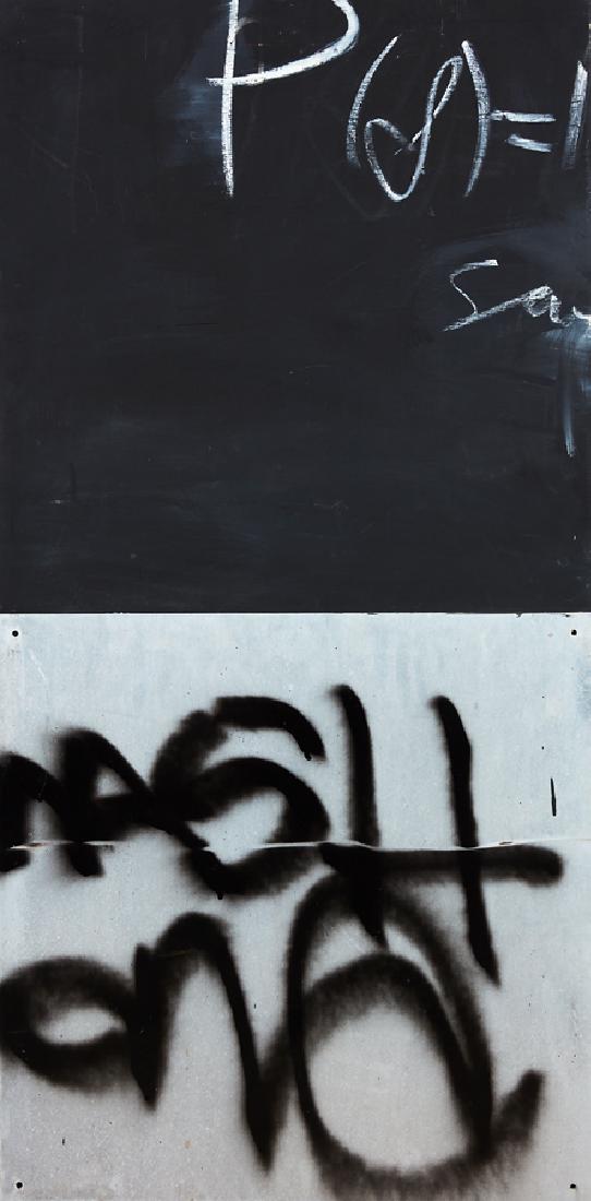 Peter James Smith: Kolmogorov's Tag synthetic polymer paint, oil and aluminium on board title inscribed, signed and dated 1994 verso 1220 x 600mm Exhibited: Mathematics and Art, Bond University, Queensland, 2000 Statist
