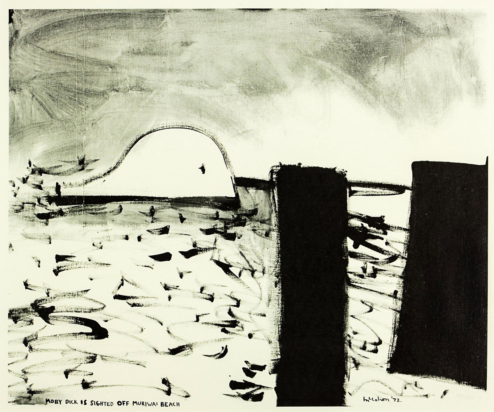 Colin McCahon: Colin McCahon Moby Dick is Sighted off Muriwai lithograph, 66/200 title inscribed, signed and dated '72 on the plate 500 x 590mm