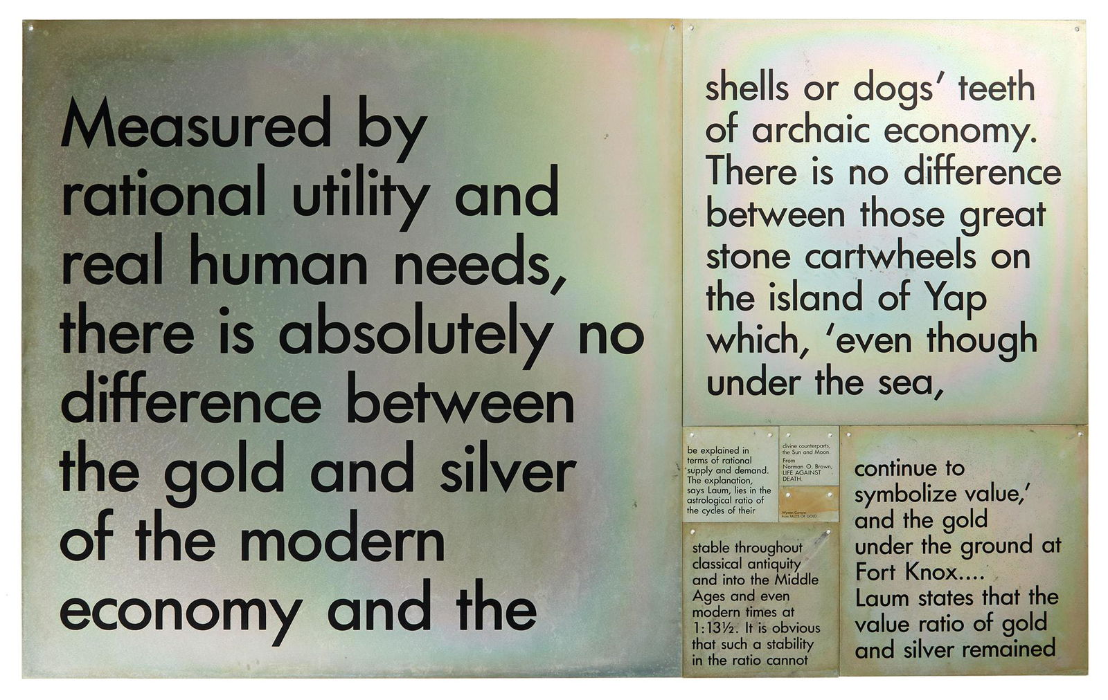 Billy Apple: Billy Apple Tales of Gold (Gold Standard) enamel on gold passivated steel, 7 panels (1988) 618 x 1000mm: installation size Exhibited 'As Good as Gold: Billy Apple - Art Transactions, 1981 - 1991', Auc
