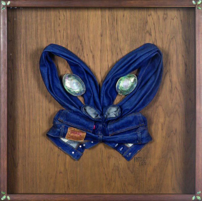 Dick Frizzell, 'Levi's Tiki': found Levi's Red Tab jeans and collage elements in artist's original box frame signed and dated 8/10/93 790 x 783mm Provenance: Commissioned by Levi Strauss New Zealand in 1993 as a feature in Levi's