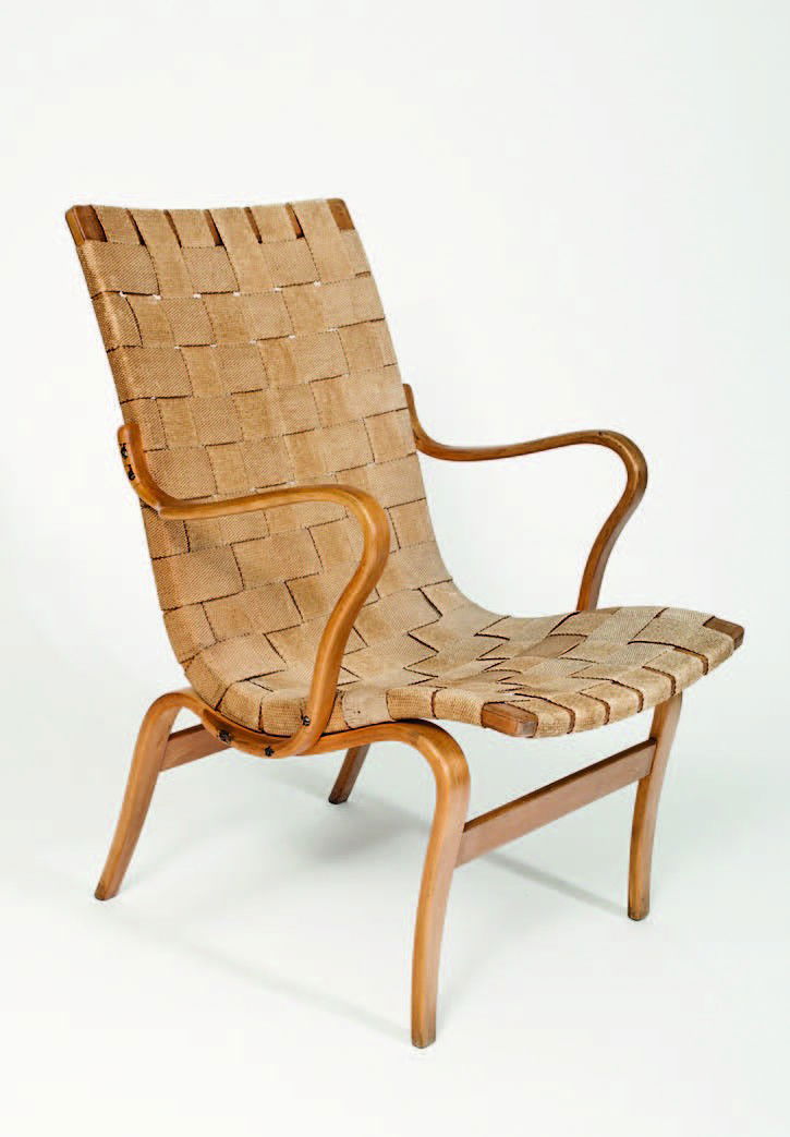 Bruno Mathsson: "Eva" chair designed in 1941, model 41, with laminated beech frame and original webbing. Impressed makers mark. Maker Karl Matheson, Varnamo Sweden. Circa 1950. H.83cm W.54cm D.62cm Illustrated: 1000