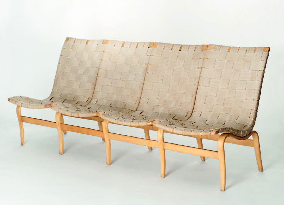 Bruno Mathsson: Model 41 or Eva, rare four seater sofa with original linen webbing upholstery Designed in 1941. Maker: Karl Mathsson, Sweden