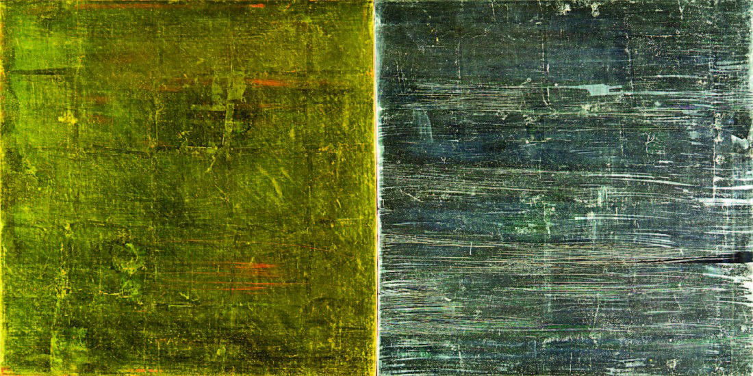 Max Gimblett, 'The House of Books': lacquered silver leaf and 23 ¾ Swiss gold leaf on two wooden panels title inscribed, signed and dated 1995 verso 380 x 760 x 63mm: overall