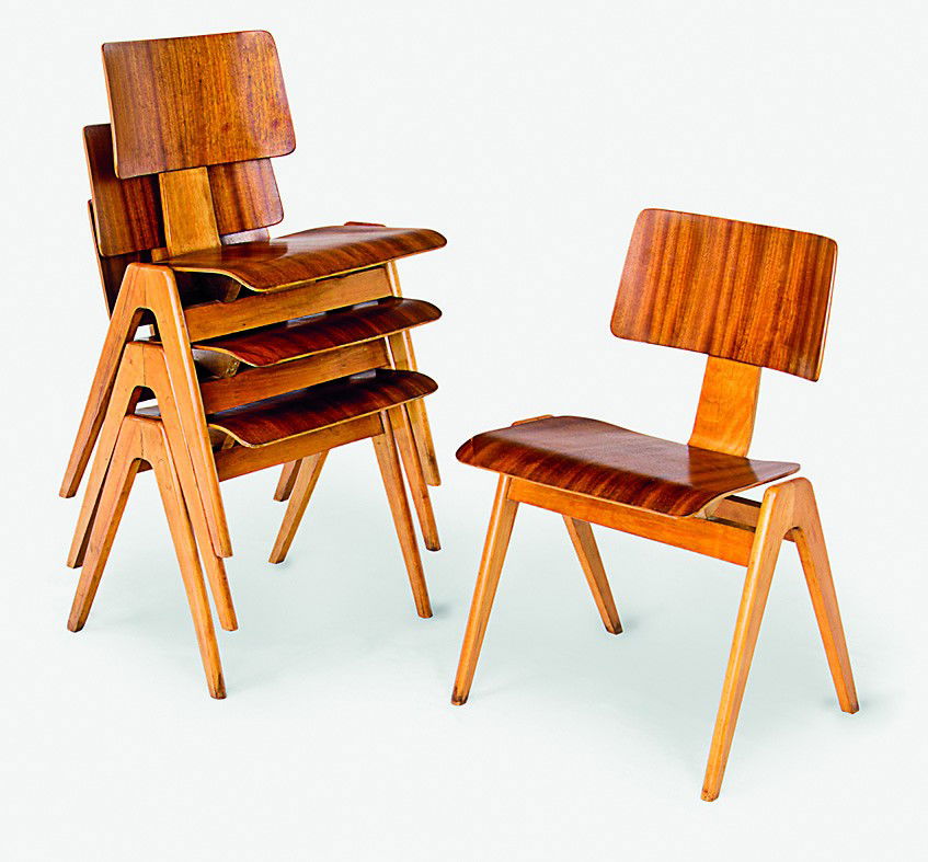 Robin Day: Hillestak chairs, for S Hille & Co, UK 1950. A rare set of four side chairs with beech stacking A frames and molded plywood seat and backs. Original stamped numbers to the base. Provenance: Purchased