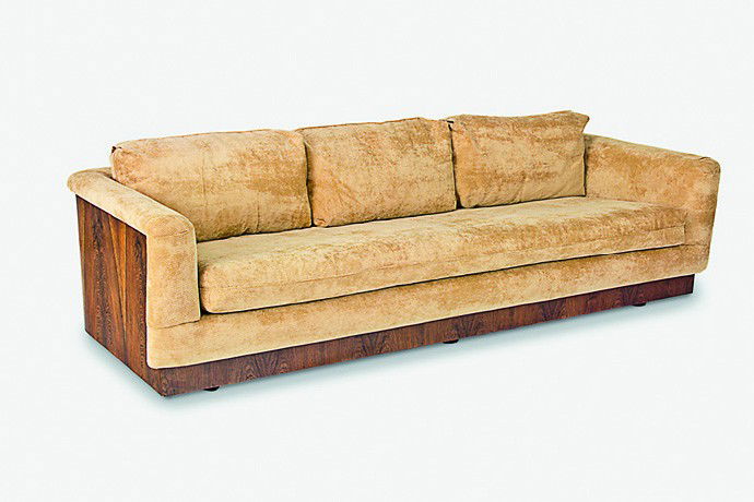 Milo Baughman: Tub Sofa, for Selig, USA 1960’s. A beautifully upholstered tub sofa, with book-matched and steam bent curved African rosewood veneer to the exterior. California designer Milo Baughman was one of the
