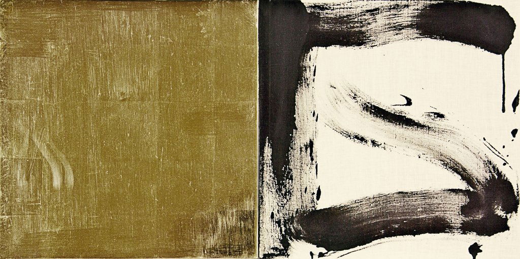 Max Gimblett: The Door that Contains the Night acrylic polymer and silver on linen, diptych title inscribed, signed and dated 1999 verso 380 x 760mm: overall