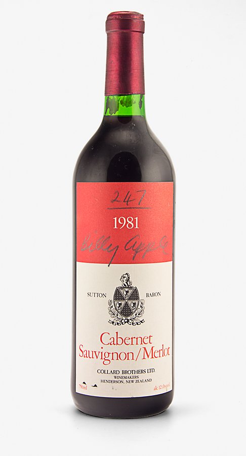 Billy Apple: Sutton Baron Cabernet Sauvignon/Merlot one bottle of Cabernet Sauvignon/Merlot signed and inscribed No. 247. H. 295mm
