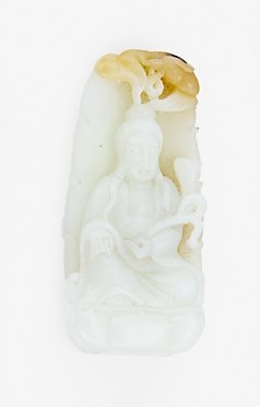 Chinese mutton fat Hotan jade carving of Guanyin: represented as seated at ease holding a lotus blossom in her left hand, a long tailed bird flying over her head, the reverse with lotus leaves. Certificate of Jade Identification of the Gem Appraisal