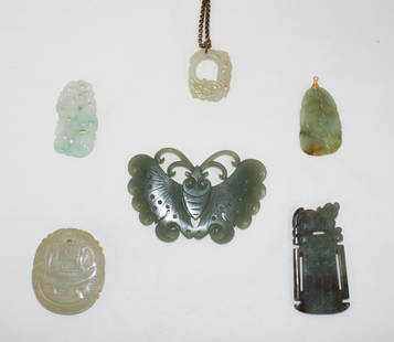 Six Chinese jade and jadeite pendants: The largest, L. 85mm