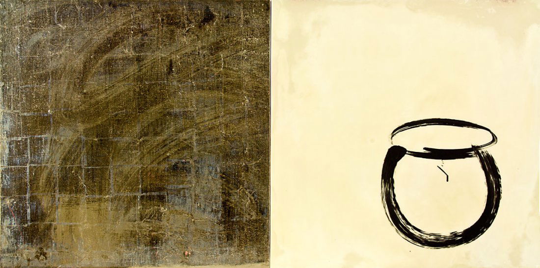 Max Gimblett: 2 Stroke Bowl – For Vietnam black bole clay, moon gold, polyurethane on and acrylic on board title inscribed, signed and dated 2000 verso; original Gow Langsford Gallery, Sydney label affixed verso