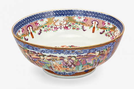 Large Chinese export Mandarin pattern punch bowl: Qianlong period (1736-1795), painted in underglaze blue and famille rose enamels with various panels of figures at leisure in palace settings. D. 360mm Provenance: Rex Jennings Collection