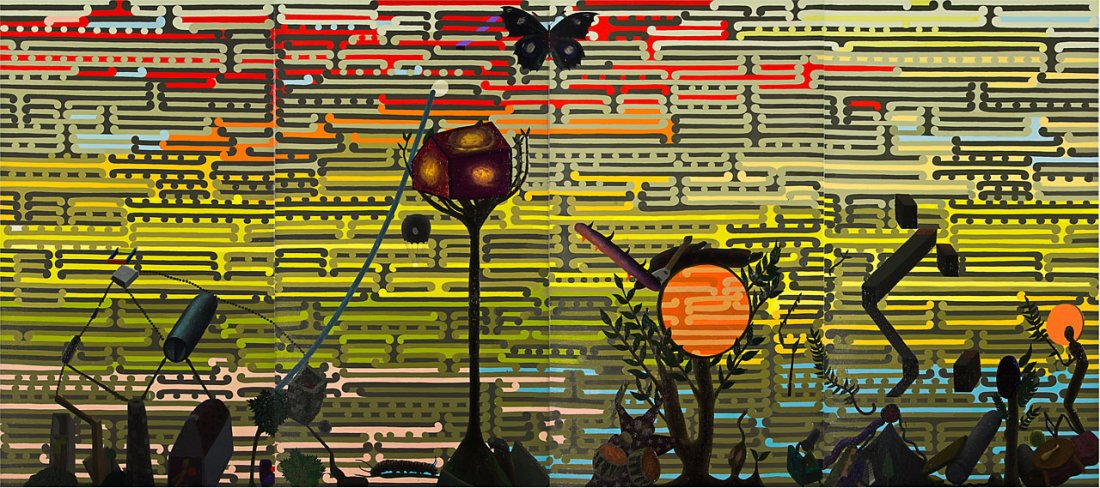 Andrew McLeod: Kowhaiwhai Sun oil on canvas, 4 panels 1800 x 1000mm: each panel; 1800 x 4000mm: overall Provenance: Private collection, Wellington. Purchased by the current owner from Ivan Anthony Gallery, Auckland,
