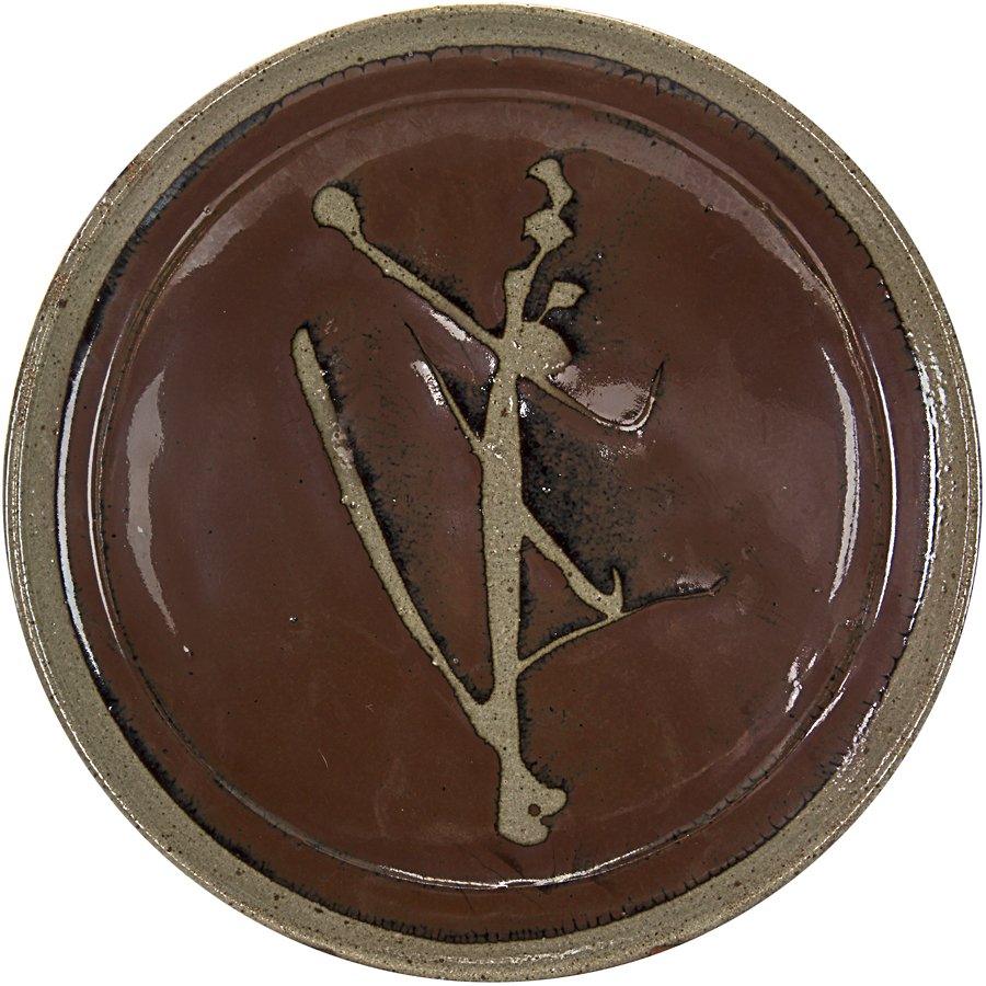 Shoji Hamada: Large and impressive stoneware dish, wax resist sugar cane decoration, Kaki glaze, together with a matching stand. D.320mm Provenance: John Patrick collection Exhibited at the Pan Pacific Arts festiva