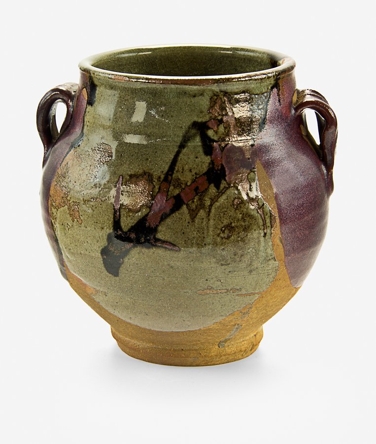Shoji Hamada: Stoneware vase with twin handles, ash, iron and tenmoku glaze with gestural flower stem brushwork decoration. H.140mm