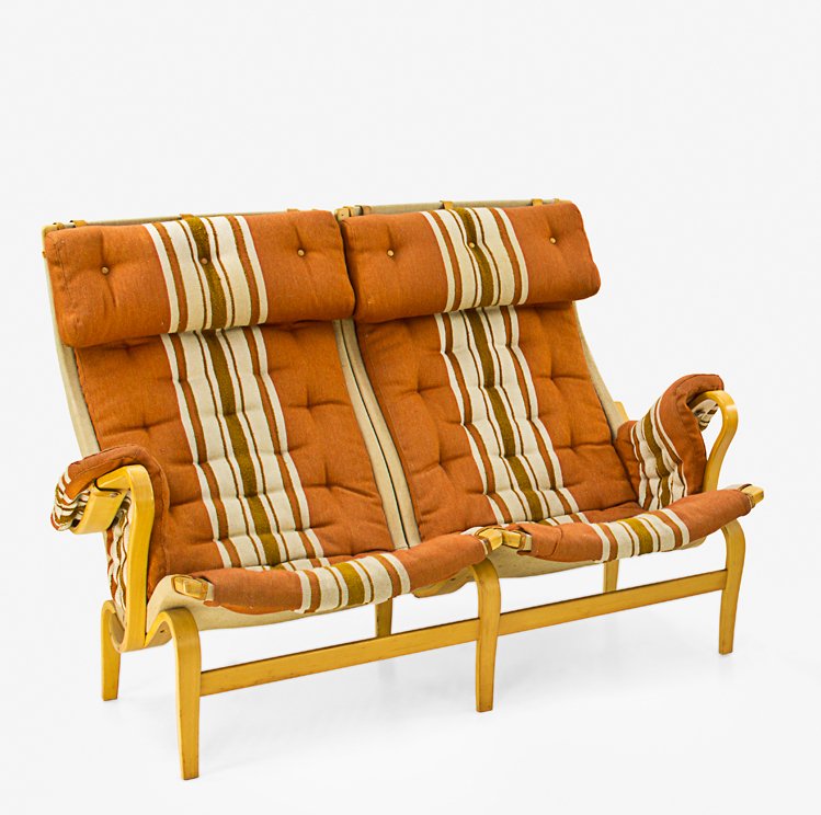 Bruno Mathsson for Dux: Vintage Pernilla two-seater sofa, in original orange, brown and white upholstery.