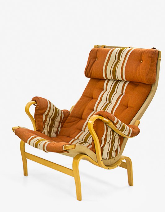 Bruno Mathsson for Dux: Vintage Pernilla armchair and matching footstool, in original orange, brown and white upholstery.