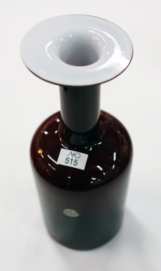 Danish Kastrup- Holmegaard gul vase: red cased milk glass, original Kastrup label affixed. H.240mm