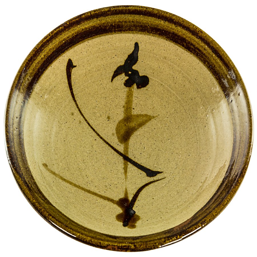Shoji Hamada: Stoneware circular dish, tetsue brushwork, with signed wood box. D. 210mm Provenance: Gary Winther Collection