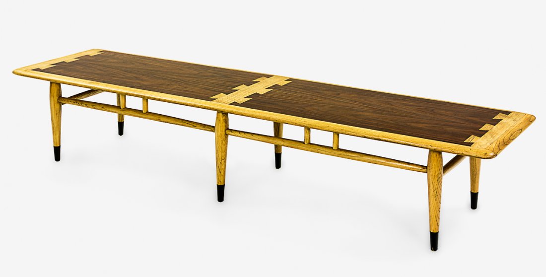 Andre Bus for the iconic Lane Acclaim line: of the 1960s. Mid-century American coffee table / bench. #Model 900-09, modern, walnut and ash double size, with typical dovetail inlays is one of Bus's most famous designs for Lane. Made in AltaVis