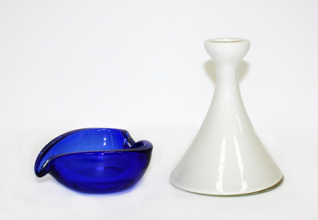 Holmegaard Carnby milk glass vase: together with a blue art glass dish