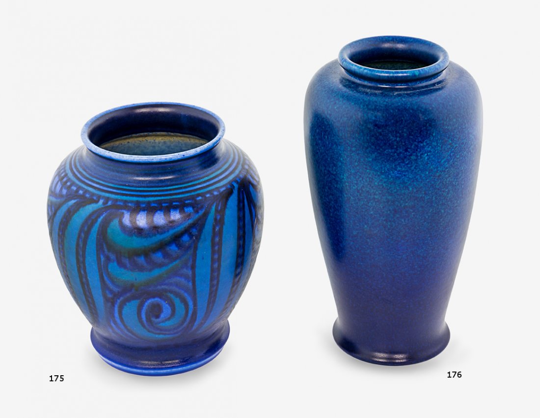 William Mycock Royal Lancastrian Lapis ware vase: with scroll pattern. H. 180mm