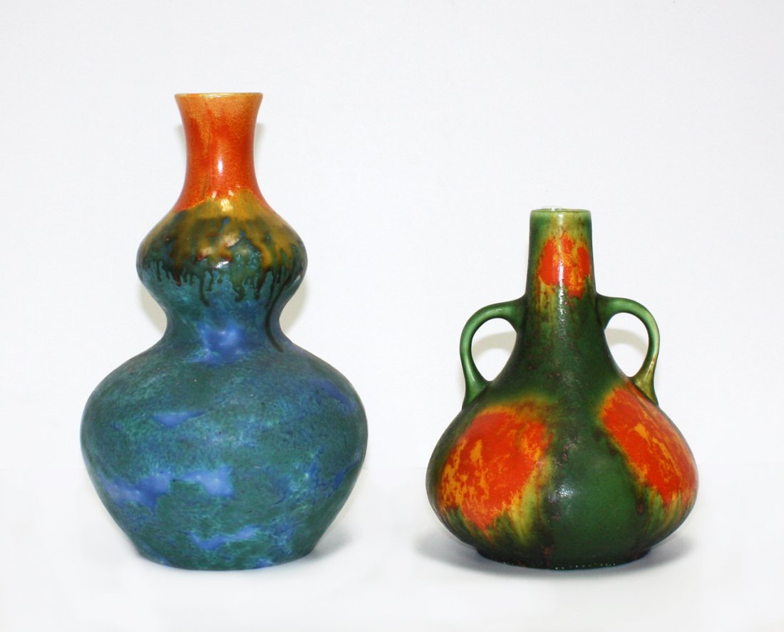 Crown Ducal gourd shaped vase: in mottled blue and orange together with a Tunstall Chameleon ware vase