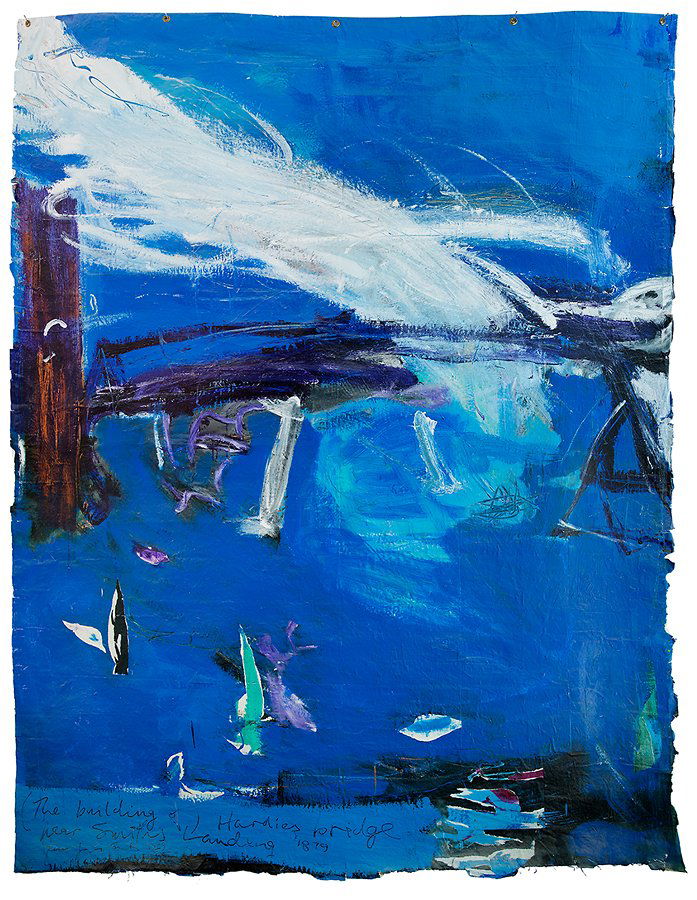 Peter James Smith: The Building of Hardies Bridge, Near Smith's Landing (1879) acrylic and collage on recycled paper mounted to linen title inscribed, signed and dated 1989 2330 x 1785mm