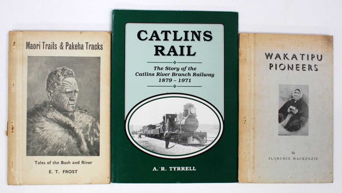 MACKENZIE, FLORENCE Wakatipu Pioneers: Reed 1951. 126p, illus. 21cms, original card boards, paper spine chipping else VG. 2. E.T. Frost - Maori Trails & Pakeha Tracks. Tales of Bush and River. Reed 1947. 90p, frontis and illustrations. 21.