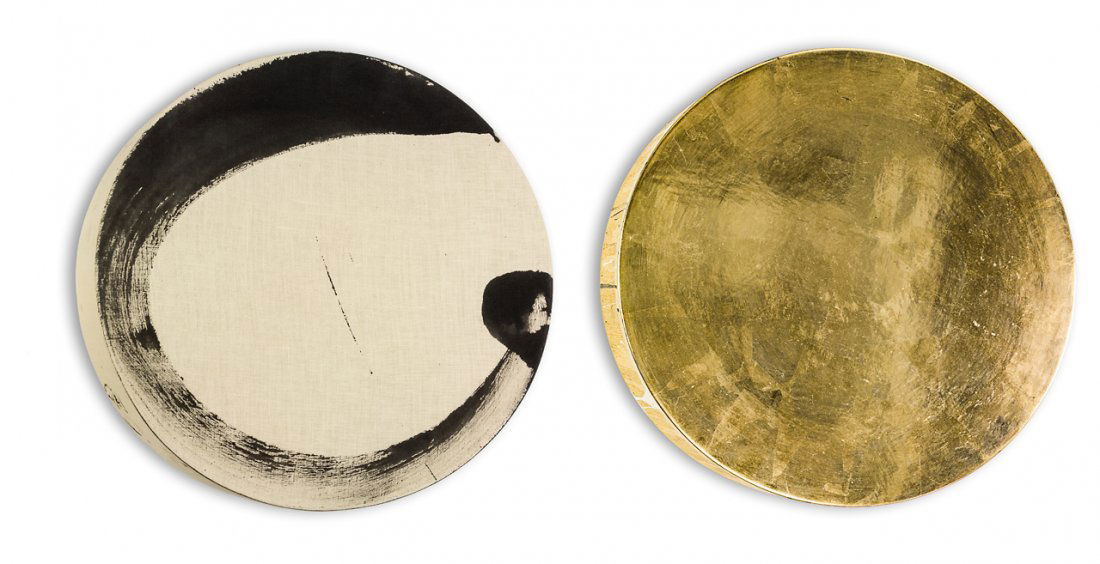 Max Gimblett: Oxherding acrylic on Belgian linen and gold leaf on shaped wooden panel, diptych title inscribed, signed and dated 1998 510mm diameter: each panel