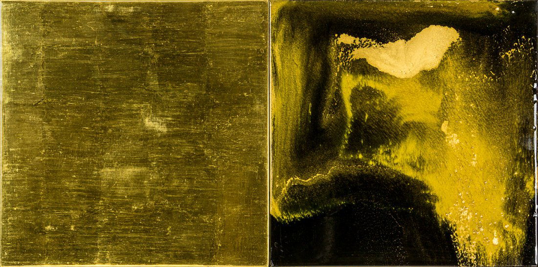 Max Gimblett: Cadillac Mountain gesso, polyurethane, metallic pigments, black clay, silver leaf, gold leaf and lacquer on board, diptych title inscribed, signed and dated 2004/07 verso 385 x 762mm Provenance: Priva