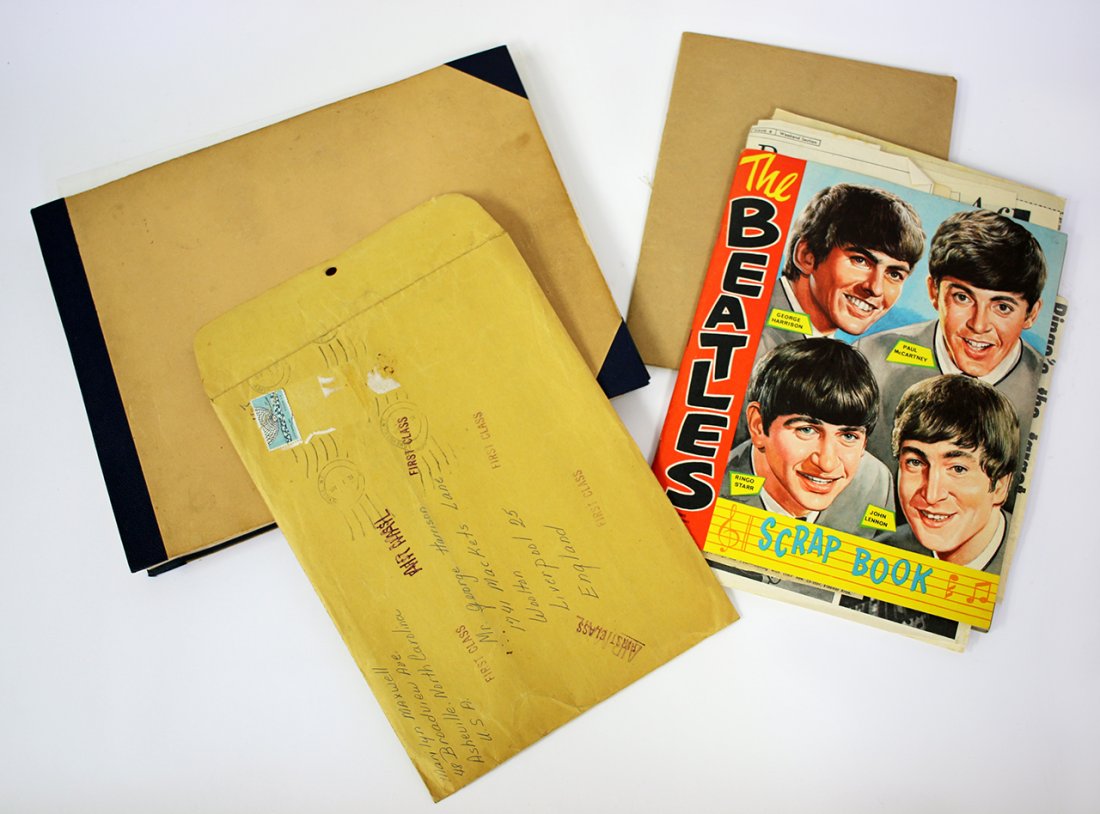 Three scrapbooks of Beatles clippings: dating to the 1960s, including a large envelope addressed to George Harrison (misc clippings) from an American fan dating to 1964. Provenance: Formerly in the possession of a close personal friend of