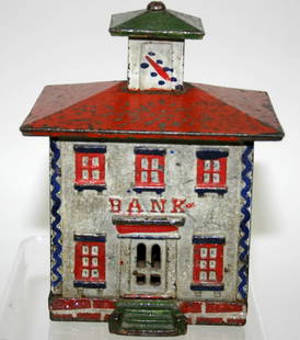 Cast Excellisor Still Bank, Gray Building, Red Roof: Cast Excellisor Still Bank, Gray Building, Red Roof & Trim, Green Cupola, 5-1/2"H