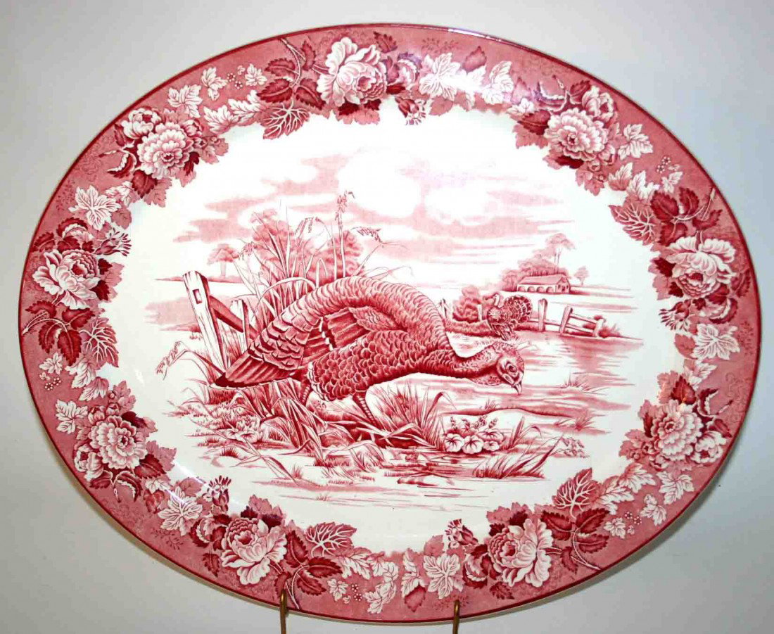 Ironstone Transfer Decorated Oval Platter, Two (2) : Ironstone Transfer Decorated Oval Platter, Two (2) Turkeys Outdoor Scene, Floral Border, Stamped Wood's Burslem England, 21-1/2"L