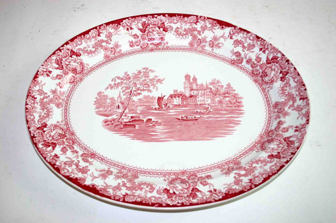 Ironstone Transfer Decorated Oval Platter, Boats, T: Ironstone Transfer Decorated Oval Platter, Boats, Tree & Building Scene, Multi-Flower Border, Marked Colonial Pottery Stoke England, 17" x 13"
