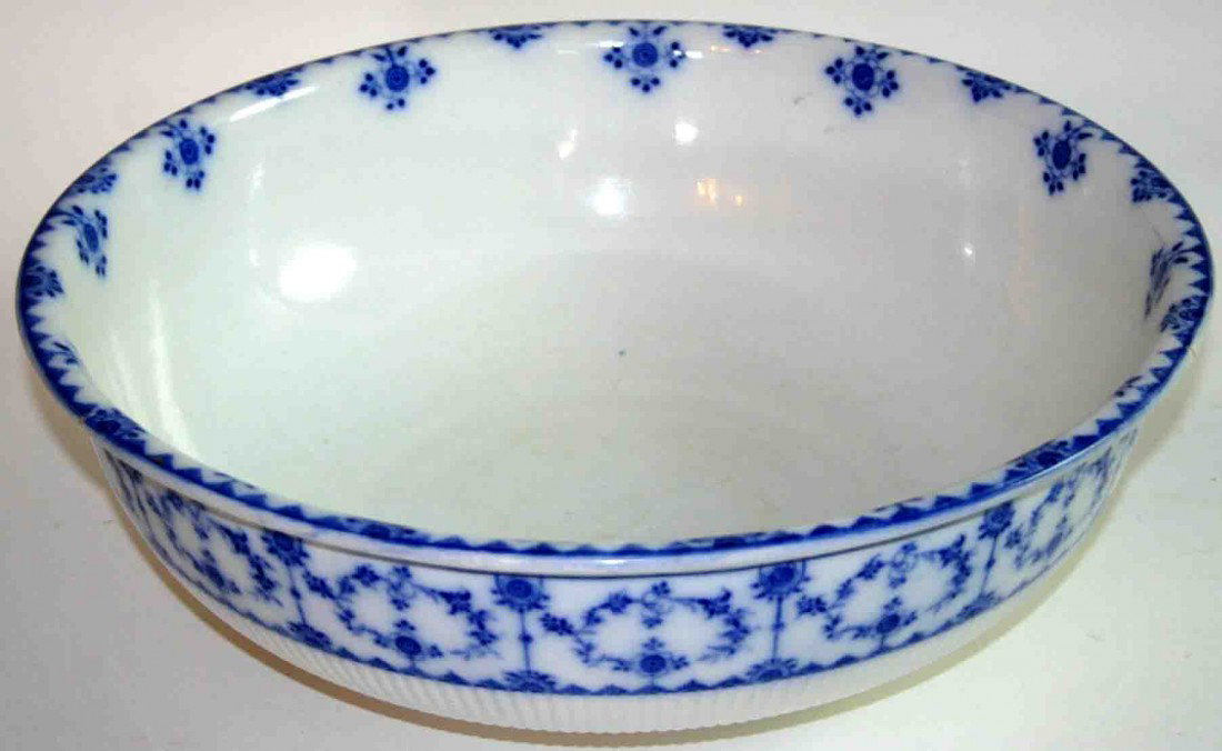 Flow Blue Ironstone Bowl, Floral Decorations, Ribbe: Flow Blue Ironstone Bowl, Floral Decorations, Ribbed Body Form, 5"H, 15" Diameter