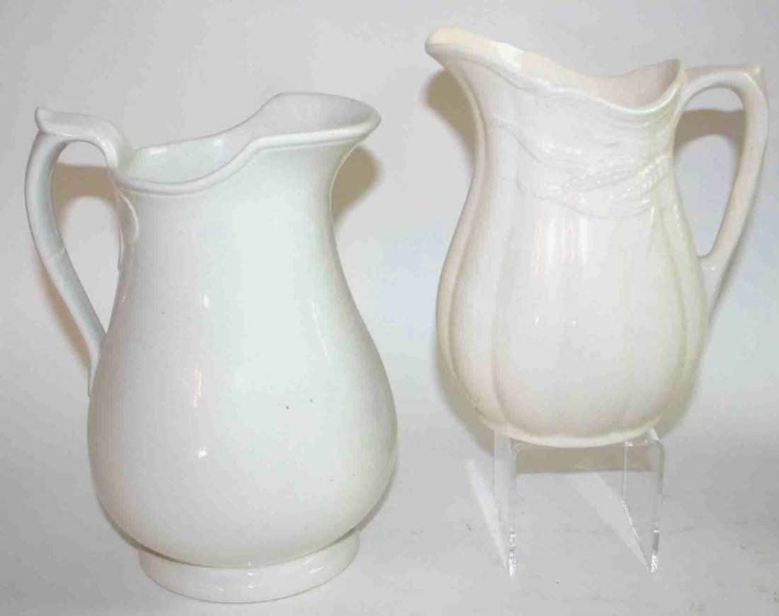 Two (2) Ironstone Pitchers, One (1) Wheat Pattern : Two (2) Ironstone Pitchers, One (1) Wheat Pattern and Ribbed Body Form, One (1) Bulbous Form, Both w/ Applied Handles, 10" Tallest