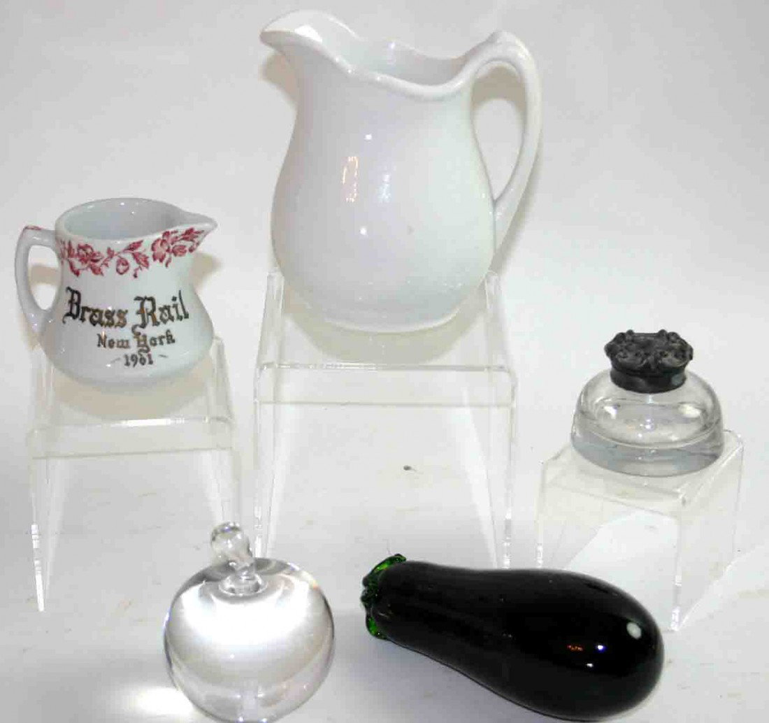 Grouping Of Five Glass & China Pieces, One (1) Gla: Grouping Of Five Glass & China Pieces, One (1) Glass Circular Form Ink Well w/ Lead Lid, One (1) Glass Tiffany & Co. Apple, One (1) Blown Green Glass Cucumber Form, One (1) Ironstone Transfer Decorate