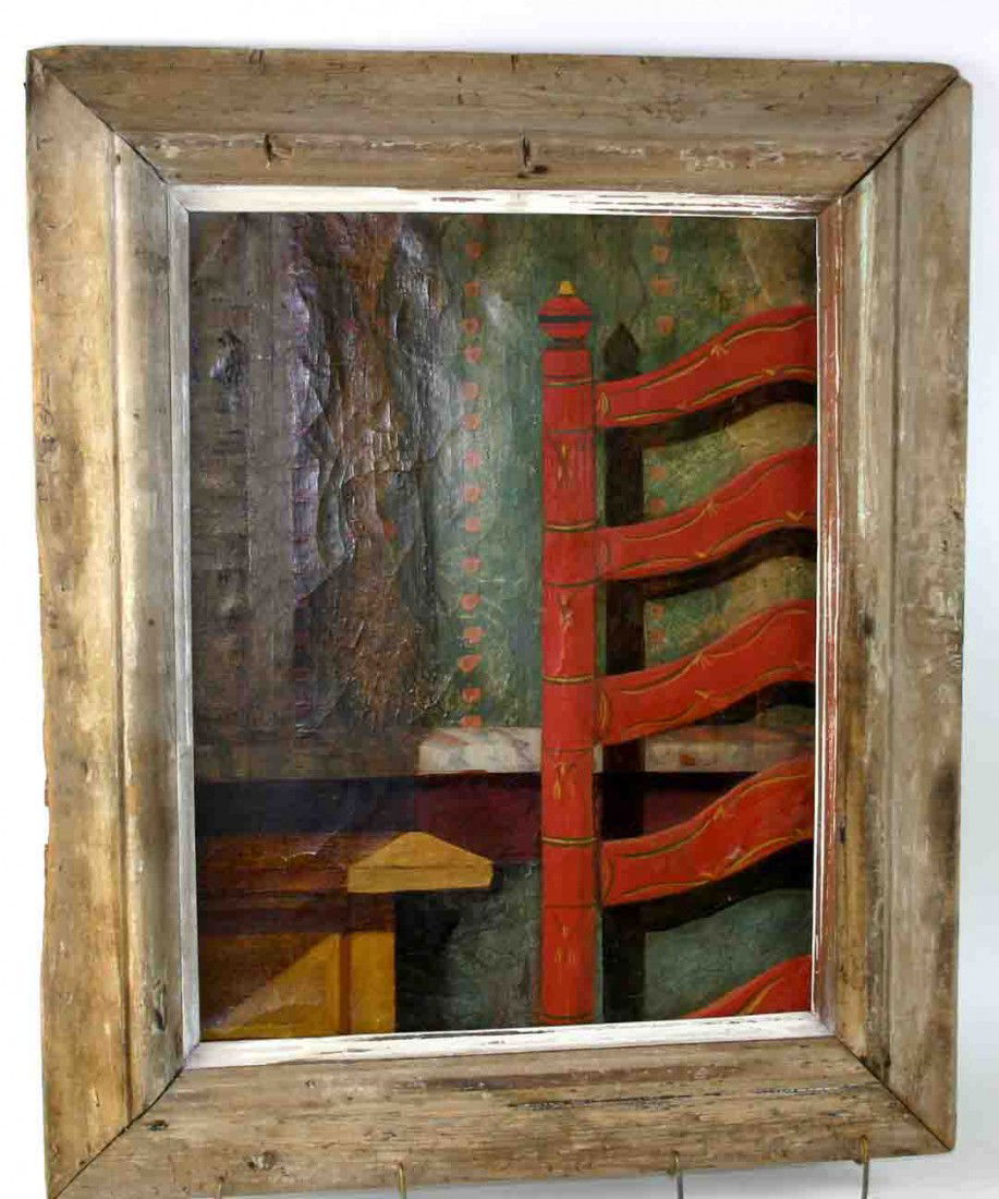 Red Stencil Decorated Ladderback Chair Painting, O: Red Stencil Decorated Ladderback Chair Painting, Oil on Canvas, Chair In Foreground w/ Cabinet Top & Corner, Decorated Panels In Background, Signed Merdith Schvibbeo On Reverse, 22"H x 17"W, Softwood