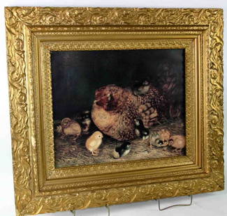 Ben Austrian 1908 "Hen With Chicks" Print, Red Hen: Ben Austrian 1908 "Hen With Chicks" Print, Red Hen w/ Ten (10) Chicks, Reprinted By Greshville Antiques, Ornate Gold Gilt Frame, Print 20" x 16", Overall 27" x 31"