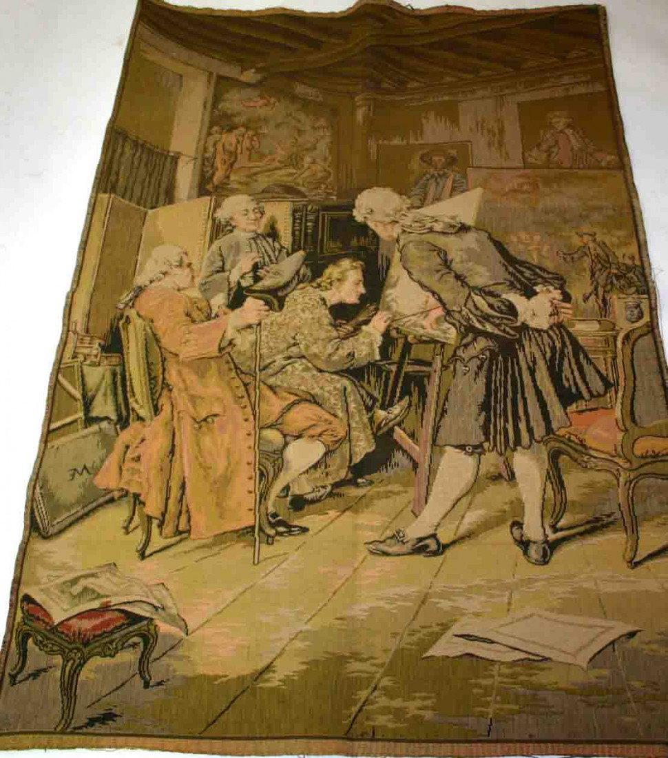 Two (2) Tapestry Wall Hangings, One (1) Three (3) : Two (2) Tapestry Wall Hangings, One (1) Three (3) Colonial Men Overlooking Artist Painting Scene, 58" x 38", One (1) Lady & Gent Dancing w/Musicians Playing Scene (France), 38" x 50"