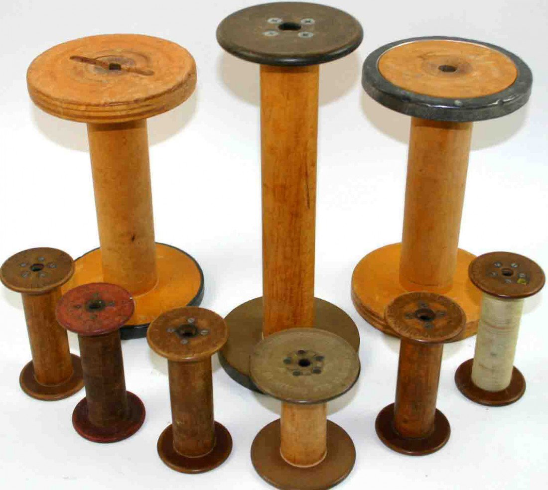 Grouping of Nine (9) Wooden Yarn Spools, Some Stam: Grouping of Nine (9) Wooden Yarn Spools, Some Stamped Columbia Silk Throwing Co. Wm. F. Grace Selingsgrove, PA., Various Sizes,12" Tallest