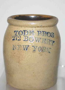 Stoneware Rimmed Crock, Blue Stamped Tode Bros 272: Stoneware Rimmed Crock, Blue Stamped Tode Bros 272 Bowery New York 4"H